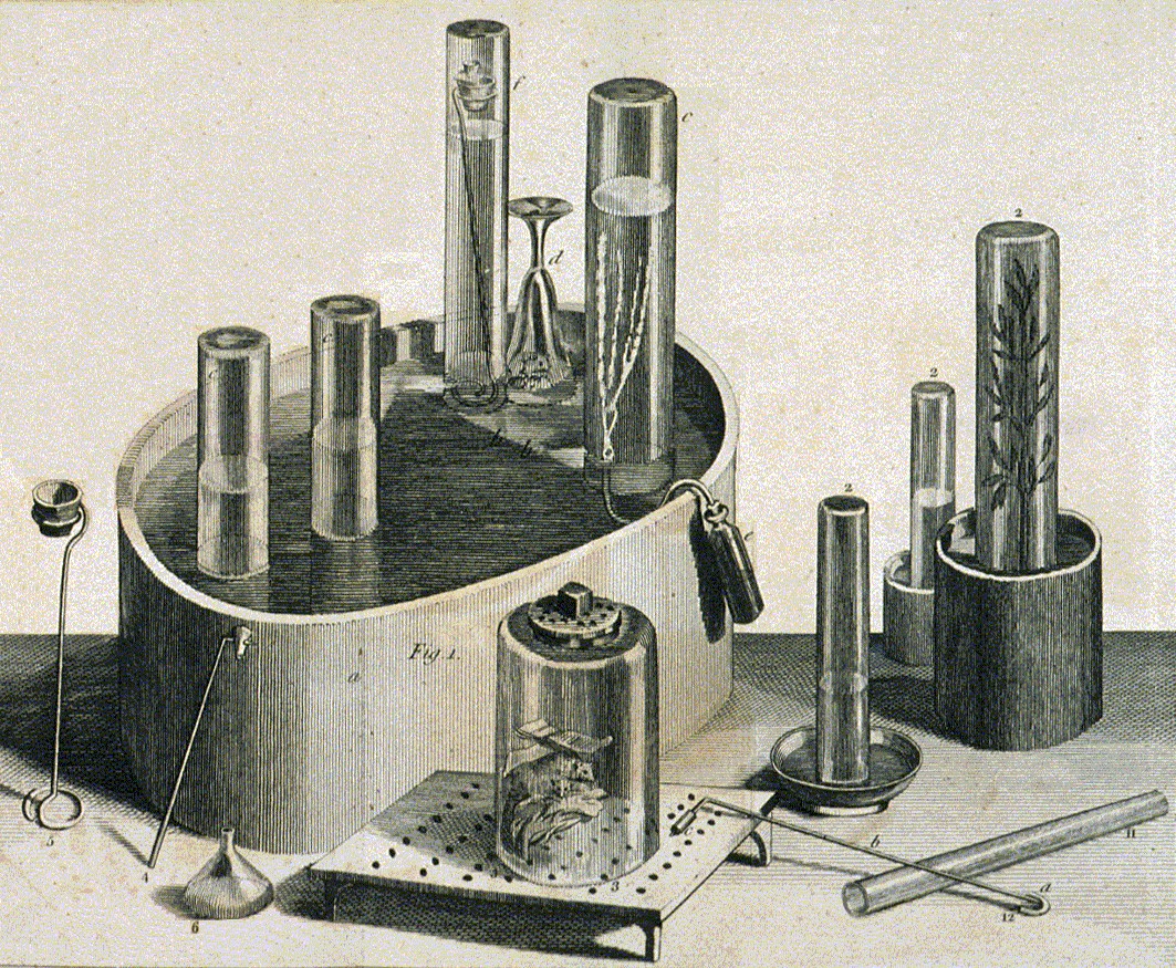 Aparatura J. Priestleya; rycina na okładce Experiments and Observations on Different Kinds of Air, vol. 1, 1774