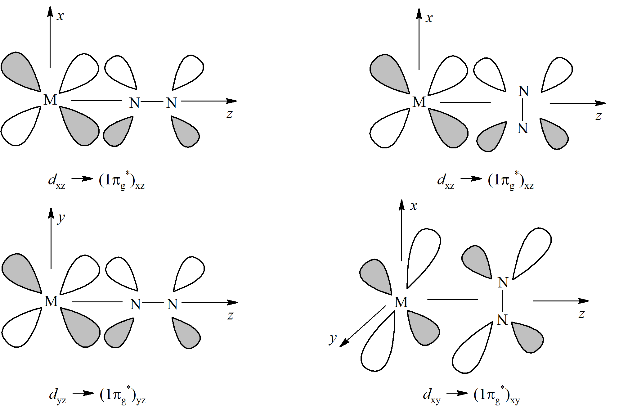 Wiązanie π metal-diazot  w przypadku koordynacji liniowej i bocznej cząsteczki diazotu.