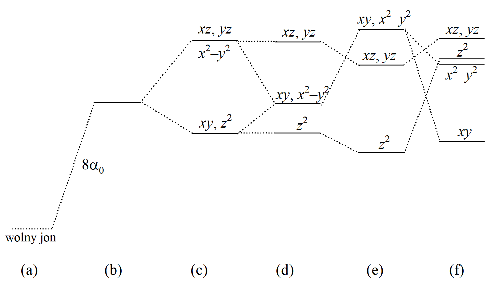 Diagram rozszczepienia orbitali d w różnych polach ośmiokoordynacyjnych: (a) wolny jon, (b) sferycznie zaburzony poziom d, (c) sześcian (Oh), (d) sześcian zdeformowany tetragonalnie (D4d), (e) antypryzmat kwadratowy (D4d), (f) dodekaedr (D2d).
